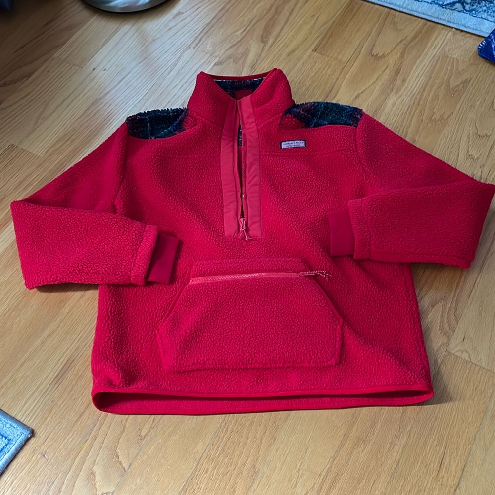 Vineyard Vines color block supershep Sherpa shirt size medium red plaid